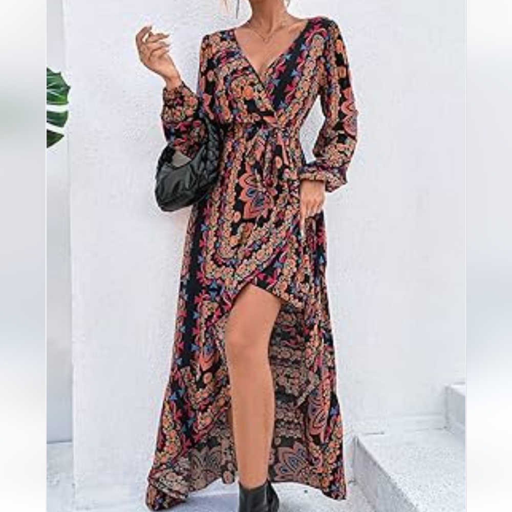 NWOT Southwestern Boho Floral Wrap Dress - Picture 2 of 8
